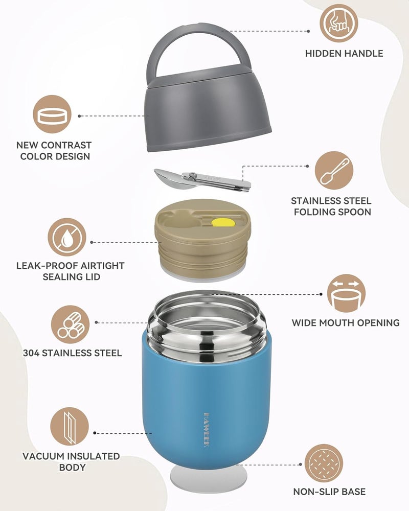 Haweek 17oz Soup Thermo for Hot Food Adults Insulated Food Jar Thermo Hot Food Lunch Container Wide Mouth Stainless Steel Lunch Box for Kids with Folding Spoon Cleaning Brush Gray Blue - Image 5